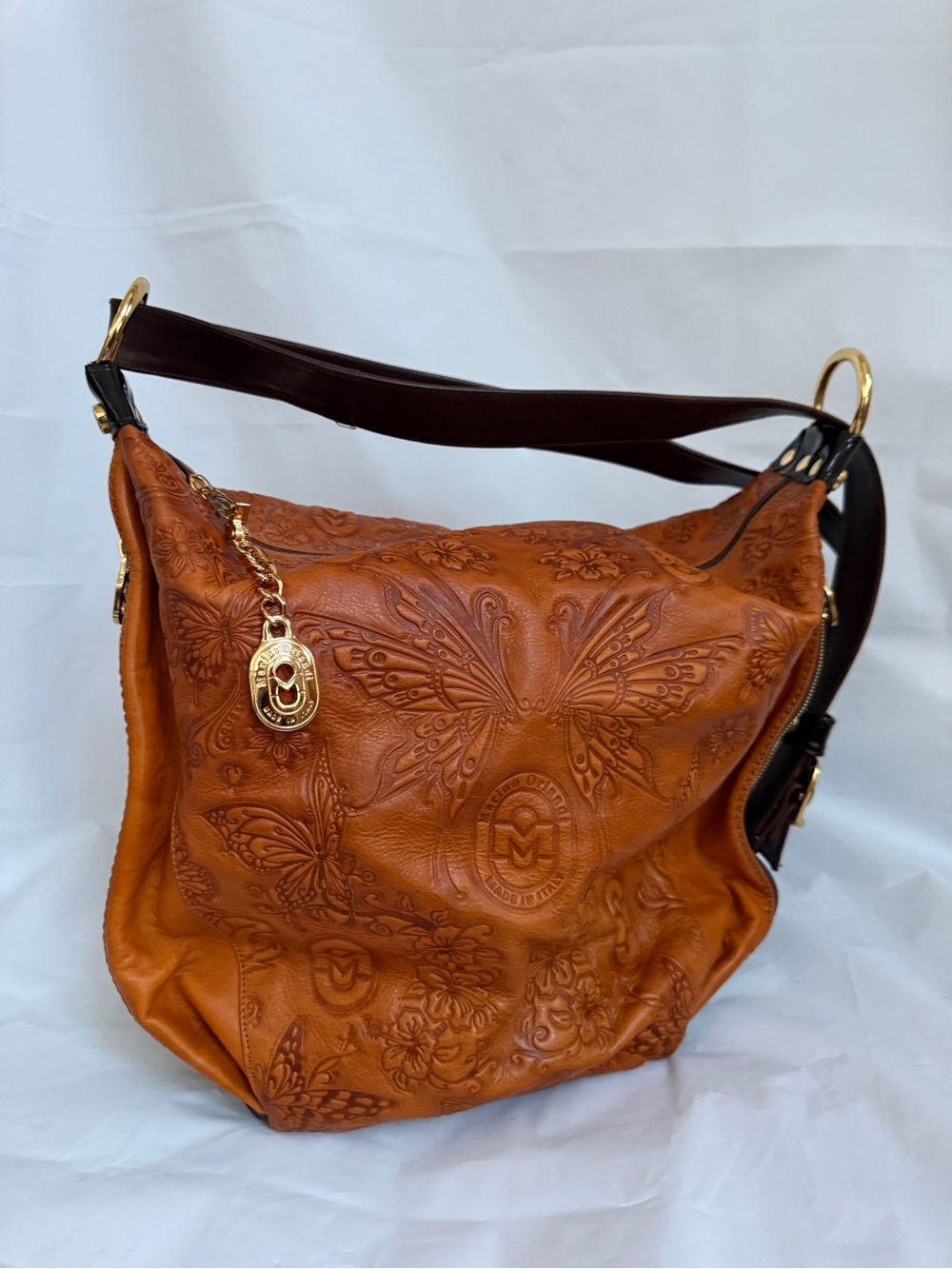 Marino Orlandi Cognac Embossed Butterfly Shoulder Bag with Dark Brown Strap